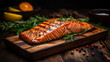 Close-up of grilled salmon steak with rosemary and spices on a wooden board. Appetizing salmon fillet on the grill, decorated with spicy herbs