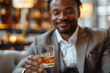 Close-up of a smiling gentleman in a suit offering a whiskey glass to the viewer, emphasizing satisfaction