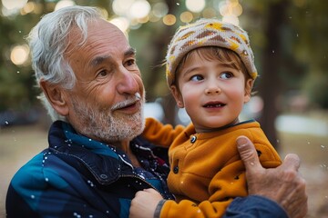 A joyful interaction between a senior man and a young boy outdoors in casual attire