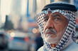 Portrait of an Arab man in a city setting, traditional dishdasha, urban lifestyle, contemporary fashion.