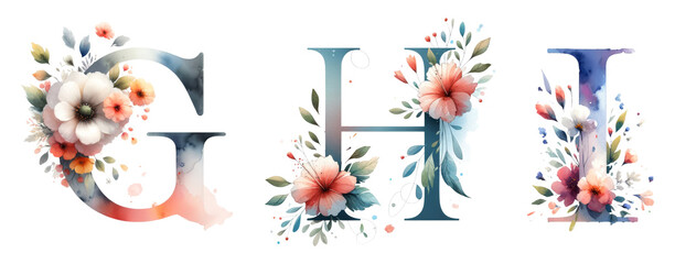 Wall Mural - Spring Floral Alphabet G H I. Watercolor Spring Floral Letters Decor. 