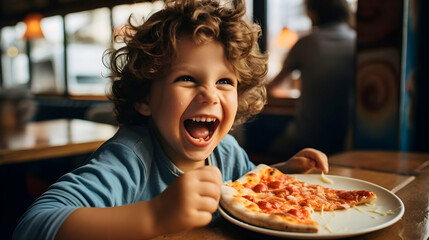 Wall Mural - Close-up of a child relishing a cheesy slice of margherita pizza
