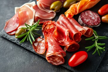 Wall Mural - Charcuterie board on black background. Italian antipasti or Spanish tapas