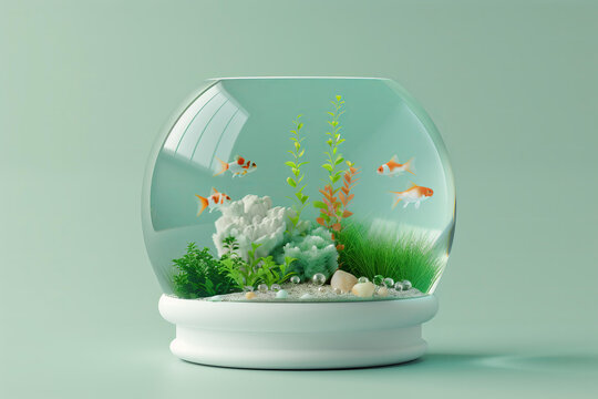 
3d rendering illustration of small aquarium design on pastel green background