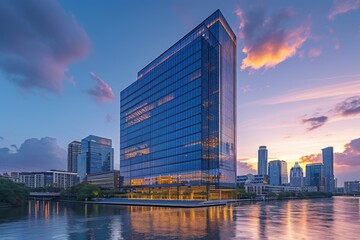 A modern office tower situated along the riverfront