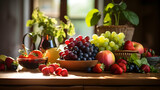 Fototapeta Kuchnia - Still life of vibrant fruits on a sunlit kitchen table,