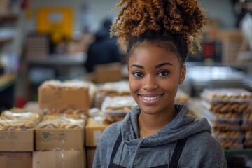 A woman with a bright smile working at a food pantry, surrounded by boxes of bakery products in a warehouse