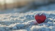 Frozen heart on snow covered ground in cold winter.