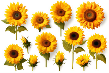 Wall Mural - collection of hand drawn sunflowers flowers isolated on a white background