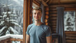 Portrait of the young man standing in the wooden cabin house or cottage interior room with fireplace during the winter vacation holiday season, snow outdoors, smiling at the camera