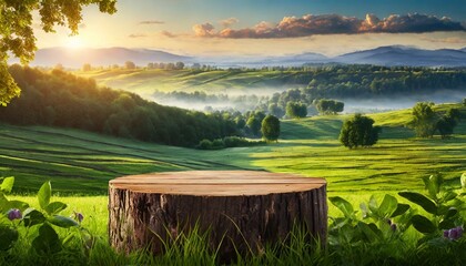 Farm wood nature field fruit table product grass garden background stand green food. Nature wood landscape morning farm outdoor sky podium forest stump beauty sun scene platform view beautiful trunk