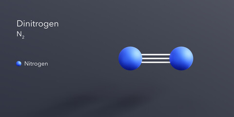 Wall Mural - nitrogen molecule 3d rendering, flat molecular structure with chemical formula and atoms color coding