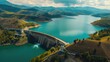Water dam and reservoir lake aerial panoramic view