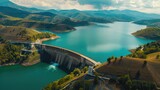 Fototapeta  - Water dam and reservoir lake aerial panoramic view