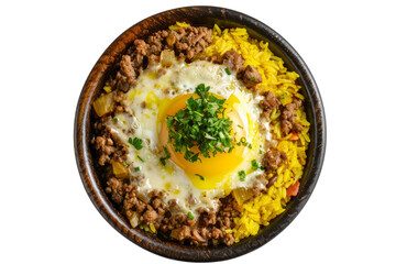 top view of bobotie, a South African dish featuring spiced minced meat baked with an egg custard topping, served with yellow rice and chutney.