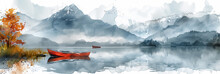 Digital watercolor panorama of rowing boats on mountain lake, watercolor, background with a pace for text
