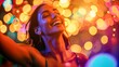 A woman enjoys dancing at a lively party with vibrant bokeh lights blurred in the background
