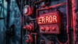 An 'ERROR' neon sign illuminates a moody industrial scene, suggesting a technology or system failure