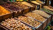 Multiple wooden boxes at a market display an array of dried fruits and various nuts, inviting textures