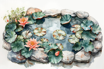 Wall Mural - Vintage Japanese Zen garden with overhead view of lotus flower, watercolor, white background 