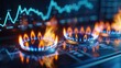 Gas stove burners. Natural gas. Cost growth concept with gas burners and stock charts blurred on background. Copy space. Gas burner ignites delicious possibilities.