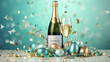 Festive Champagne Celebration with Easter Eggs and Confetti on a Spring Background
