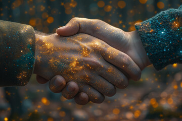 Canvas Print - A handshake amidst a cosmic background with stars and galaxies, representing partnerships that transcend earthly boundaries. Concept of universal connections. Generative Ai.