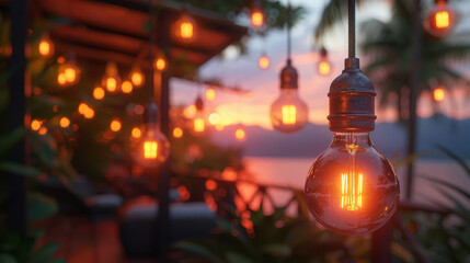 Wall Mural - Light bulb decor in outdoor party.