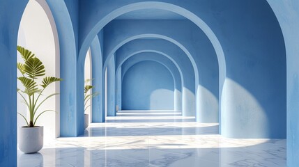 Poster - Minimalist blue and white archway corridor, accentuated with tropical potted plants under a bright daylight ambiance.