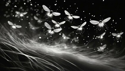 Wall Mural - Black and White Image of Fireflies in Flight-_Image Type- Realistic_Image Style- Black