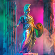 colorful chromatic metalic athena statue with colorful background, Greek god statue