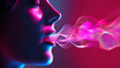 © OMGAi - Futuristic Neon Profile with Soundwave Art. Close-up of a woman's profile in neon lighting, with a vibrant digital soundwave flowing from her mouth. AI Artificial Intelligence technology.