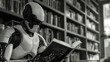 Futuristic Robot Reading Book in Library. A highly detailed robot engaged in reading a book among shelves filled with books, illustrating futuristic learning and AI artificial intelligence concept.