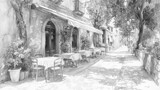 Fototapeta Niebo - Quaint European street cafe scene sketched in pencil on paper