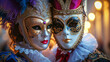 Elegant Venetian masks at a grand masquerade ball with warm bokeh lights