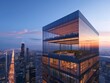 A modern office building with a rooftop terrace offering panoramic views of the city skyline