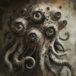 A surreal depiction of a gog-like creature with multiple eyes and tentacles