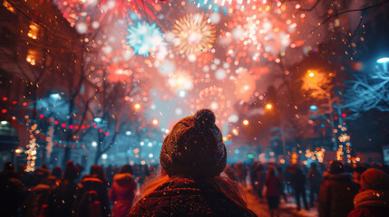 Wall Mural - New Year concept - cheering crowd and fireworks.