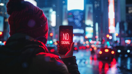 Person holding a smartphone with 'No Signal' message in a bustling city at night