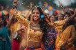 Cultural festival in India, people dressed in colorful attire,  In midst of celebration, a performer's beaming countenance and vibrant costume mirror the exuberance and cultural pride of the event..
