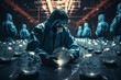 Global pandemic threats and healthcare systems. A man in a gas mask gazes at a glass ball in the darkness. Group of scientists and doctors in protective blue suits and gas masks looking futuristic