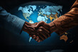 Peace negotiations and conflict resolution. Two black men shaking hands in front of a world map. A flash photography gesture captures the event in a political summit. 