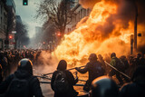 Fototapeta  - Political protests and demonstrations. A crowd is gathered in the city for a protest, standing in front of a large fire. The heat and flames create a sense of rebellion, while also causing pollution