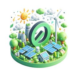 A 3d flat icon of zero carbon concept.A zero carbon footprint sign surrounded by lush greenery and renewable energy sources., isolated white background,cartoon cute style, pastel tone