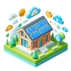 A 3d flat icon of zero carbon concept.Solar panels integrated into the design of modern architecture, emphasizing sustainability., isolated white background,cartoon cute style