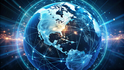 Digital world centered in the USA, concept of global network and communication on Earth, information exchange and international communication, data transfer and cyber technology