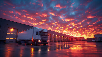 Wall Mural - A white truck parked in front of an industrial logistics building.