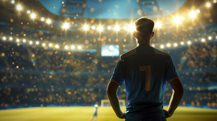 Rear view of young soccer player in blue jersey standing at stadium. Football concept