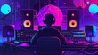 © Sara_P - Music producer creating a presentation on a laptop audio waveforms and equipment in the background in a cool abstract graphic style