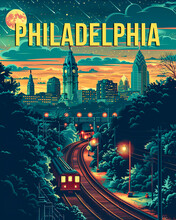 Philadelphia Retro Poster Illustration. Vintage Skyline. City In The USA.